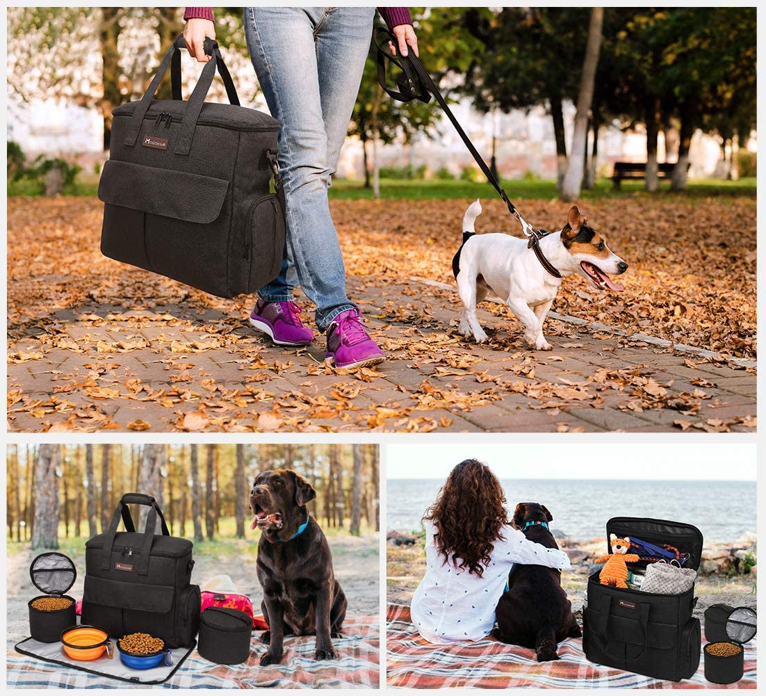 Professional Dog Travel Kit: Comprehensive Weekend Travel Bag with Organizer, Two Collapsible Bowls, and Two Food Containers (Black)