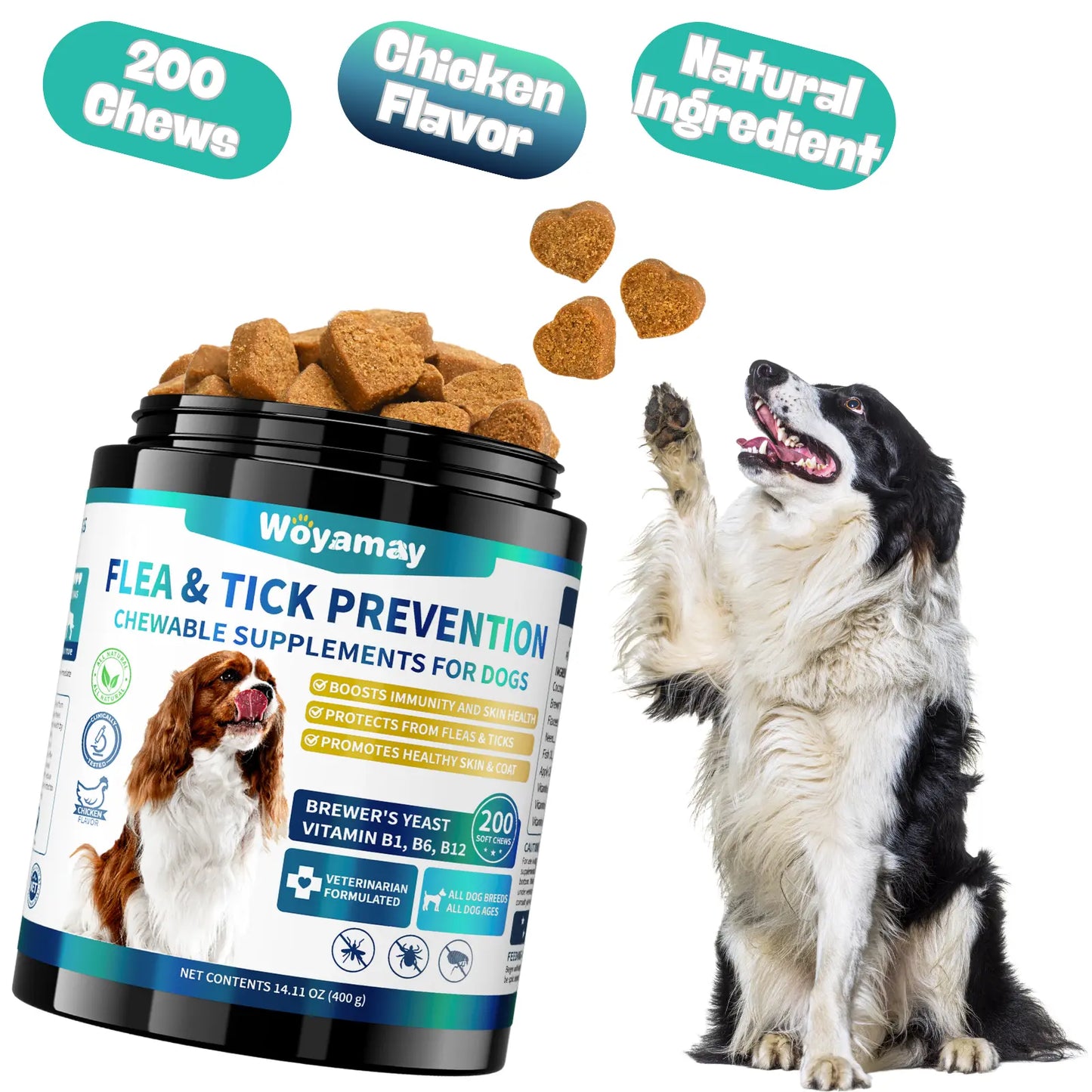 Woyamay Dog Flea and Tick Chews - 200 Count Omega-3 Enriched Natural Supplement for Daily Flea and Tick Support in Puppies of All Breeds and Sizes, Chicken Flavor