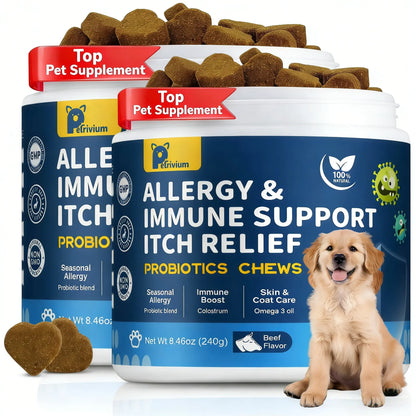 Upgraded Allergy and Immune Support Chews for Dogs - Jumbo Size 120 Count, Chicken Flavor, with Probiotics, Colostrum, and Fish Oil for Itching Relief and Gut Health