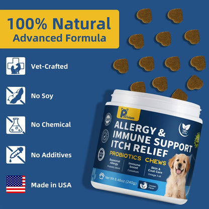 Upgraded Allergy and Immune Support Chews for Dogs - Jumbo Size 120 Count, Chicken Flavor, with Probiotics, Colostrum, and Fish Oil for Itching Relief and Gut Health