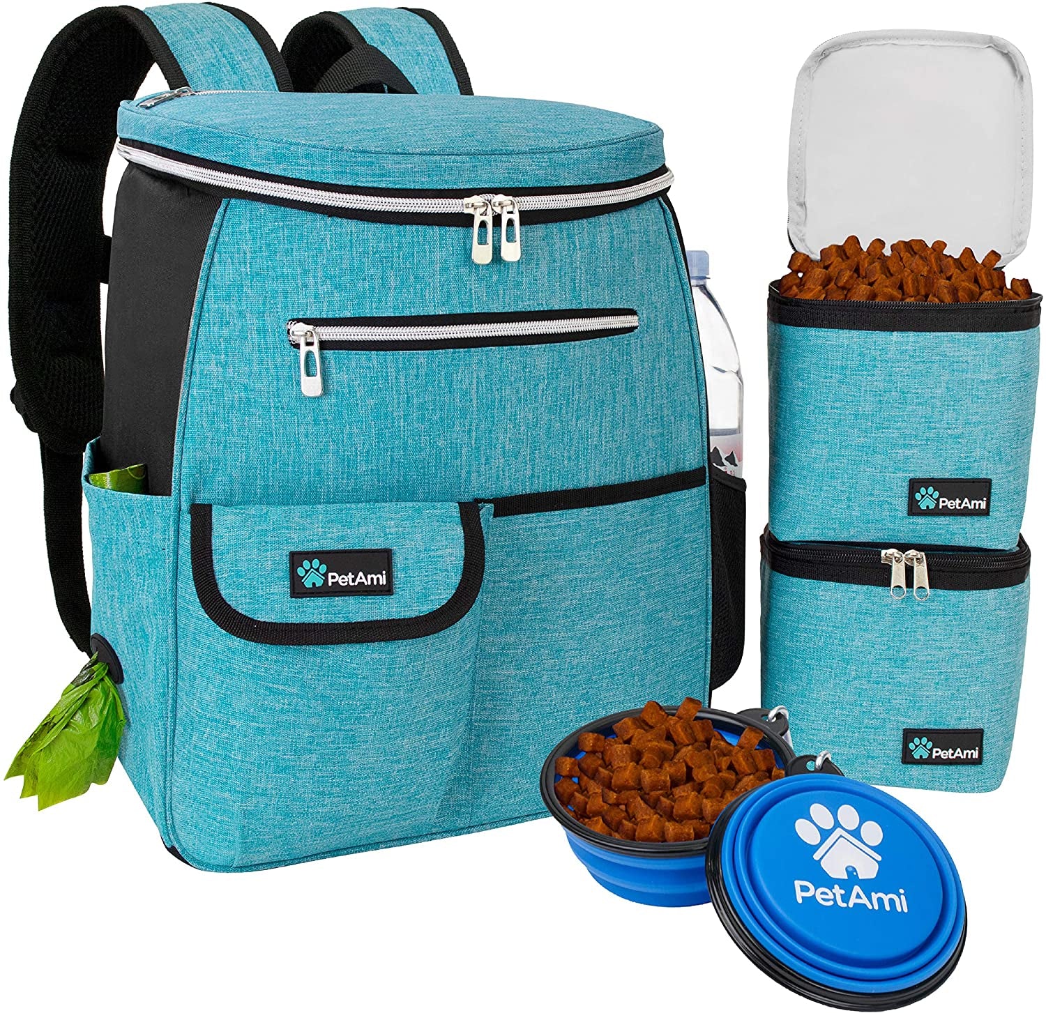 Professional Dog Travel Backpack - Airline Approved, Versatile Diaper Bag for Puppies, Essential Accessories for Camping and Hiking, Includes Food Container and Collapsible Bowls, Ideal Gift for Dog Owners, Teal Blue