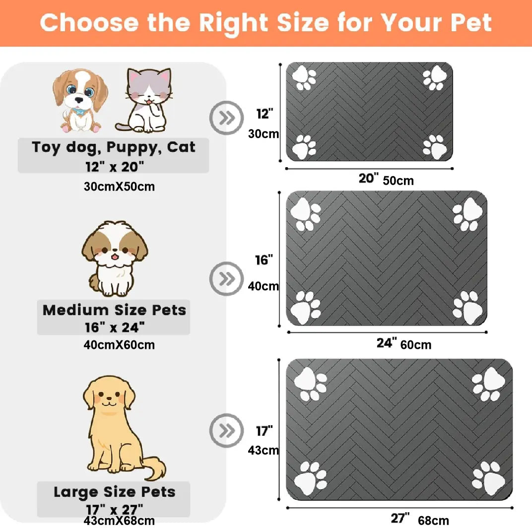 Quick-Drying Absorbent Pet Feeding Mat for Dogs and Cats with Non-Slip Rubber Base and Dark Polyester Surface for Indoor Use