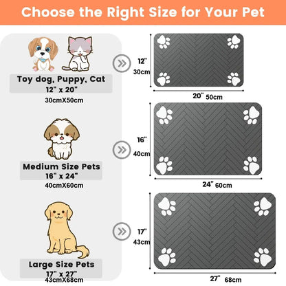 Quick-Drying Absorbent Pet Feeding Mat for Dogs and Cats with Non-Slip Rubber Base and Dark Polyester Surface for Indoor Use