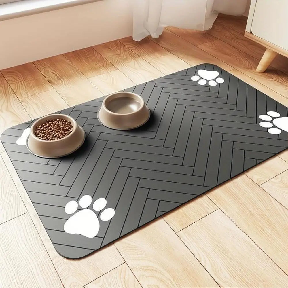 Quick-Drying Absorbent Pet Feeding Mat for Dogs and Cats with Non-Slip Rubber Base and Dark Polyester Surface for Indoor Use