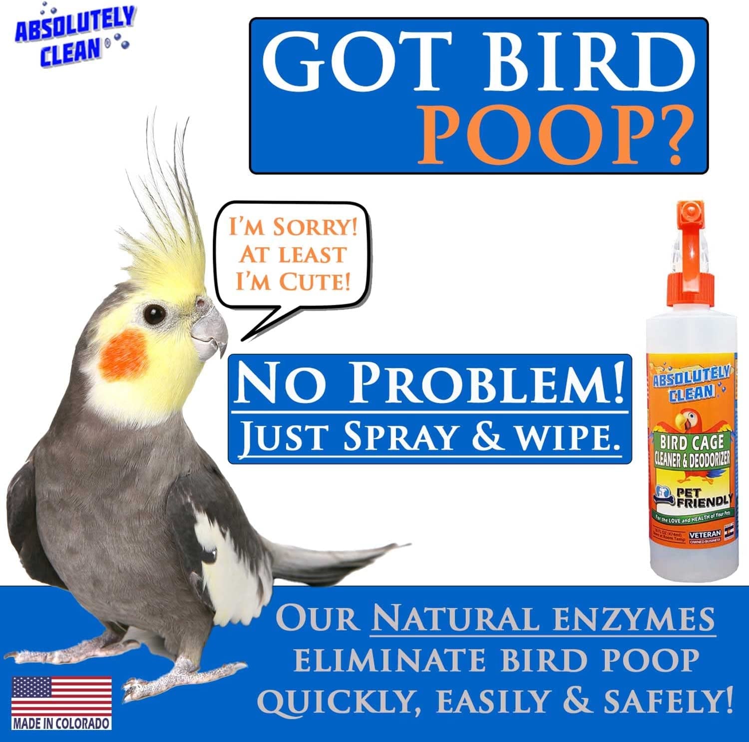 Premium Bird Cage Cleaner and Deodorizer - Effortless Spray and Wipe Application - Effectively Eliminates Bird Waste - Made in the USA - Fragrance-Free Formula (4X Concentrate - 16oz Yields 64oz)