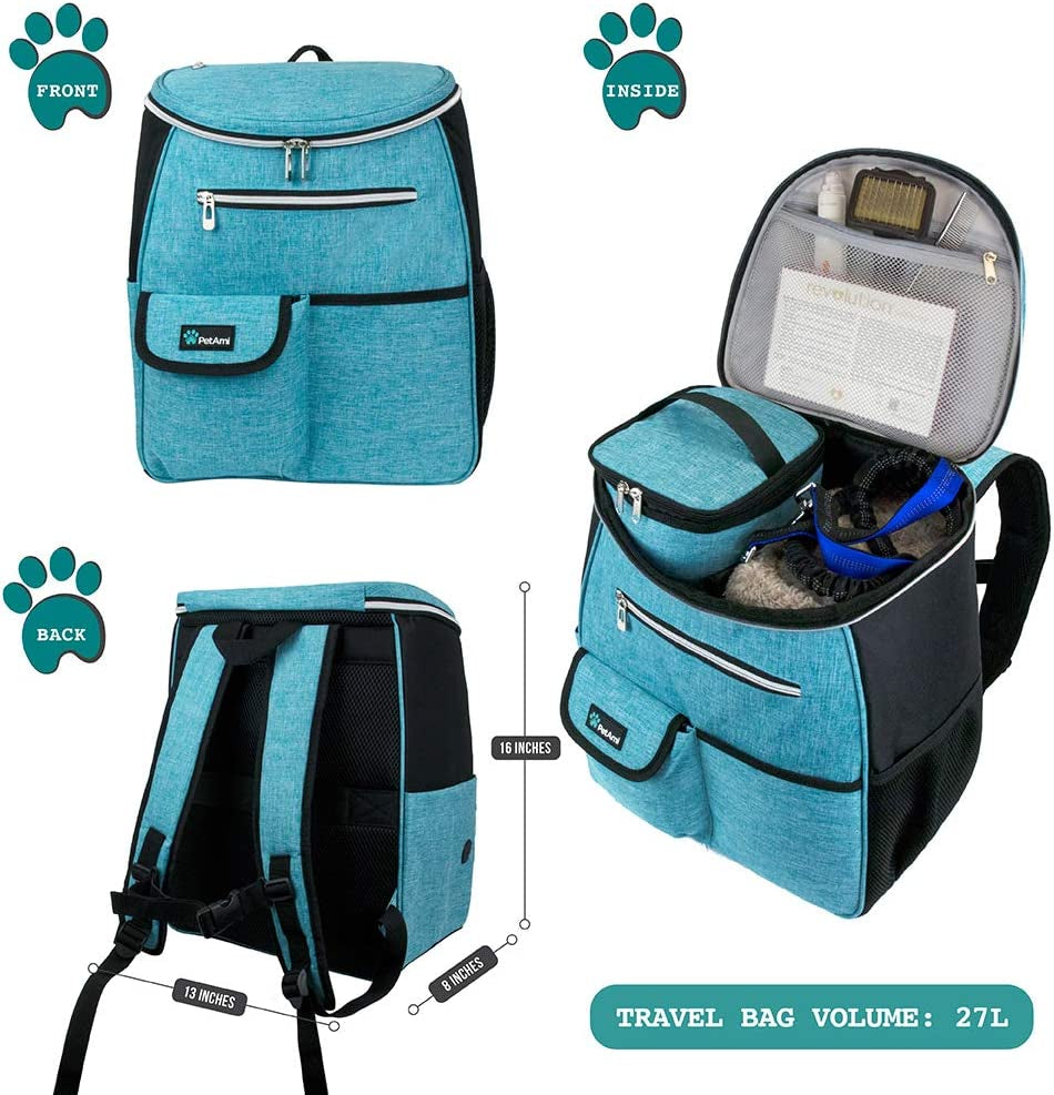 Professional Dog Travel Backpack - Airline Approved, Versatile Diaper Bag for Puppies, Essential Accessories for Camping and Hiking, Includes Food Container and Collapsible Bowls, Ideal Gift for Dog Owners, Teal Blue