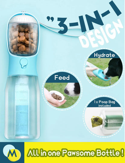 Portable Dog Water Bottle with 3-in-1 Travel Bowl Dispenser, Food Treat Container, and Poop Bag Holder - Ideal for Outdoor Activities with Large Dogs, 20 Oz, Blue