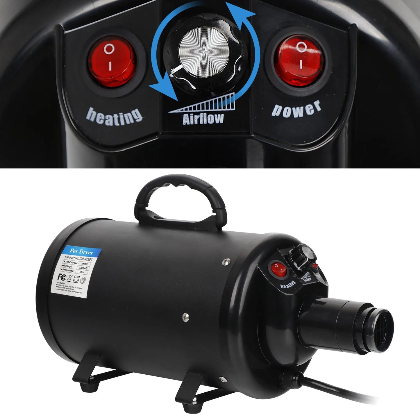 Professional Pet Grooming Hair Dryer - 2400W Portable Quick-Drying Variable-Speed Tool with 4 Adjustable Nozzles for Dogs, NOVA Model