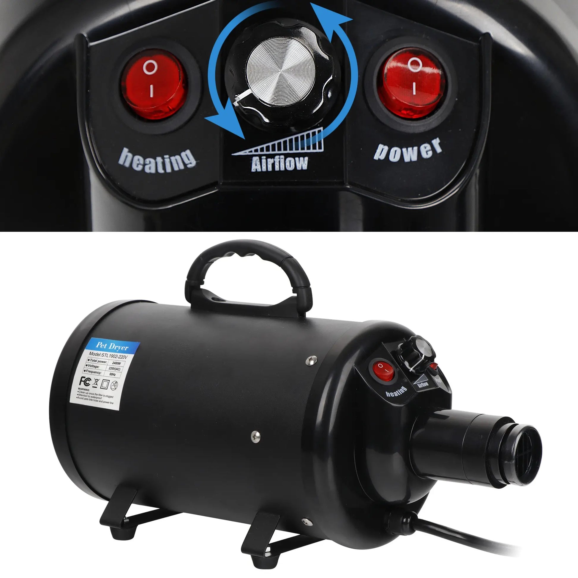 Professional Pet Grooming Hair Dryer - 2400W Portable Quick-Drying Variable-Speed Tool with 4 Adjustable Nozzles for Dogs, NOVA Model