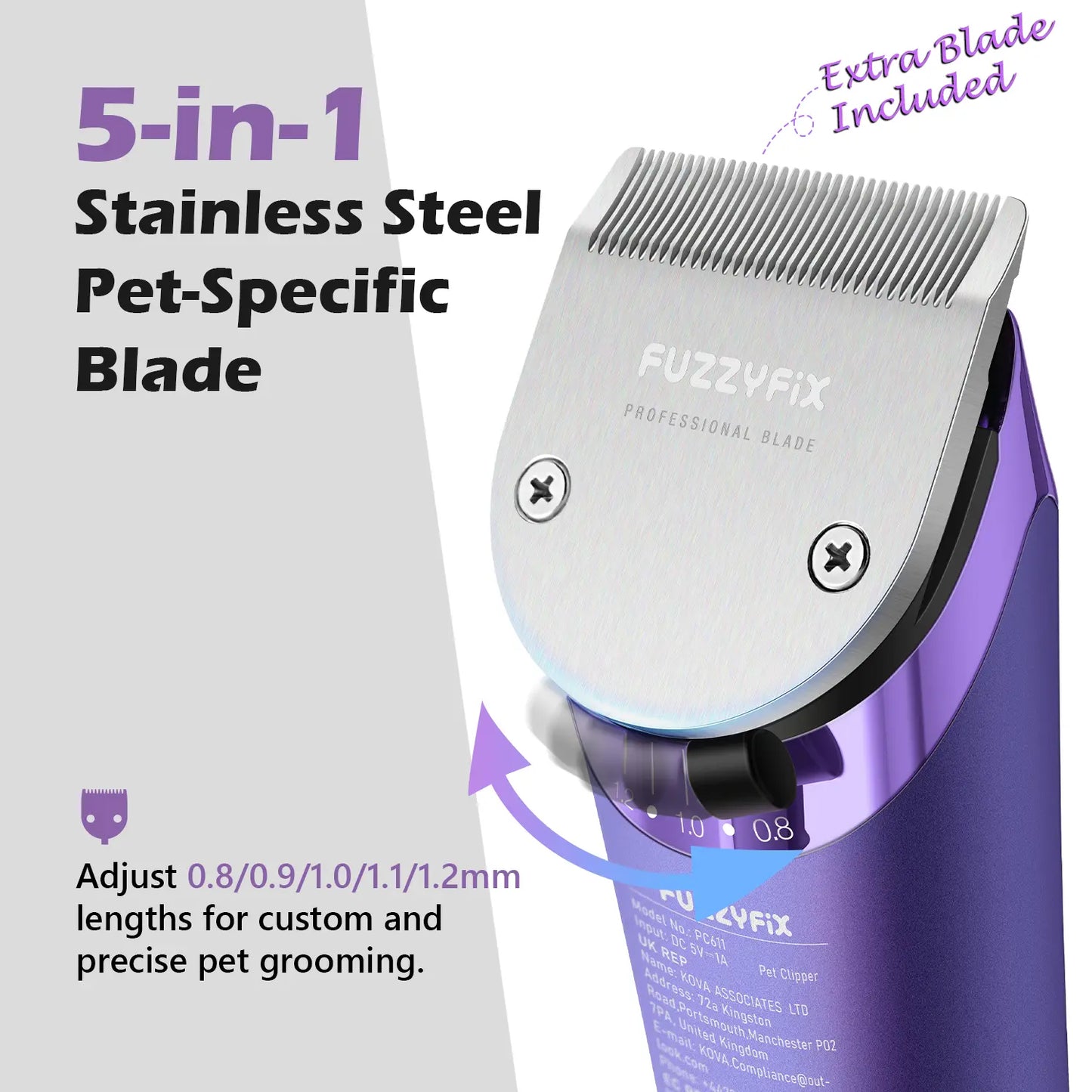 Nova Fuzzyfix Professional Dog Grooming Clipper with Replacement Blade - 5-in-1 Adjustable Cordless Pet Grooming Kit, 2-Speed Rechargeable Trimmer with Detachable Metal Guide Combs for Dogs and Horses