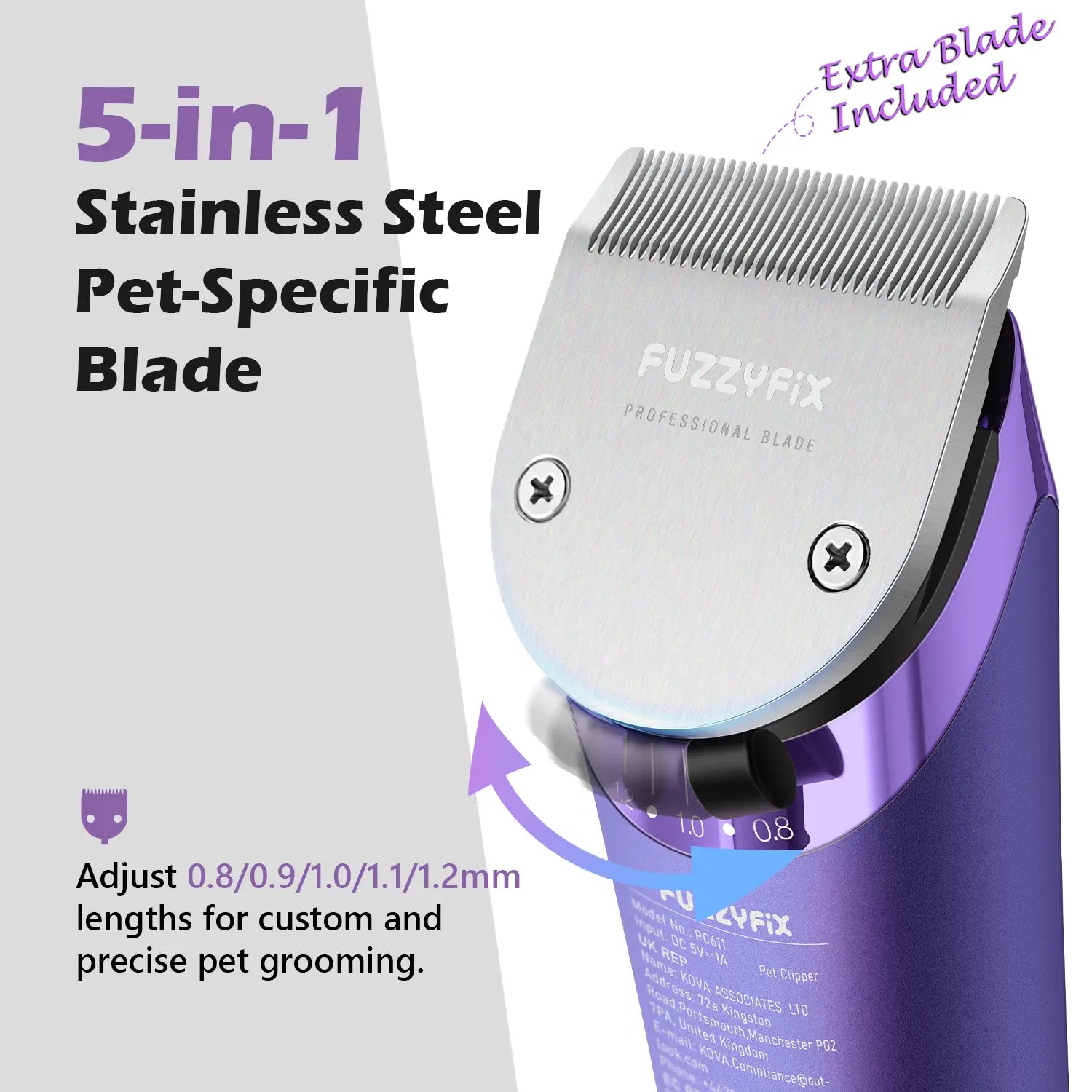 Nova Fuzzyfix Professional Dog Grooming Clipper with Replacement Blade - 5-in-1 Adjustable Cordless Pet Grooming Kit, 2-Speed Rechargeable Trimmer with Detachable Metal Guide Combs for Dogs and Horses