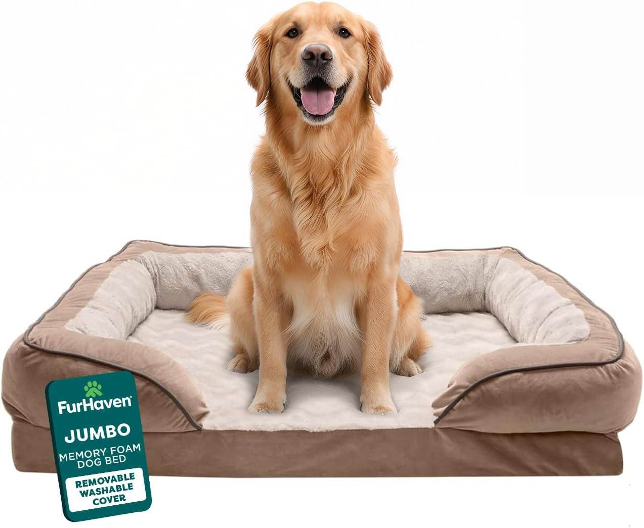 Large Memory Foam Dog Bed with Removable Bolsters and Washable Cover for Dogs up to 95 lbs - Plush Velvet Waves Comfort Sofa in Brownstone, Jumbo/XL