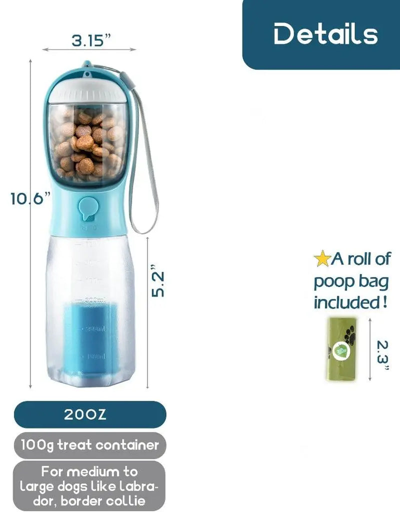 Portable Dog Water Bottle with 3-in-1 Travel Bowl Dispenser, Food Treat Container, and Poop Bag Holder - Ideal for Outdoor Activities with Large Dogs, 20 Oz, Blue