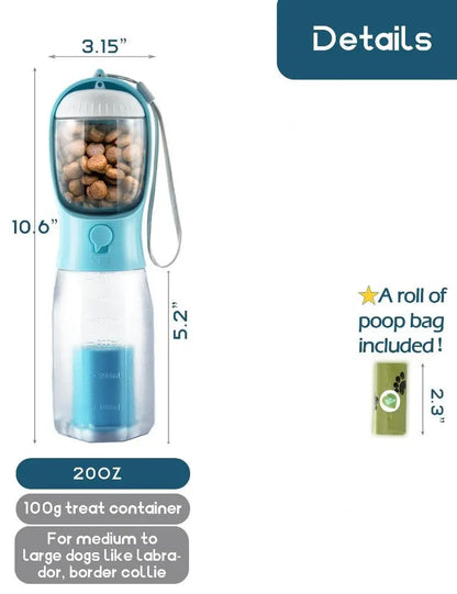 Portable Dog Water Bottle with 3-in-1 Travel Bowl Dispenser, Food Treat Container, and Poop Bag Holder - Ideal for Outdoor Activities with Large Dogs, 20 Oz, Blue