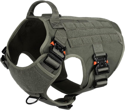Tactical Dog Harness for Large Breeds - MOLLE K9 Vest with Four Metal Buckles, No-Pull Front Clip, Adjustable Handle, Green (Size L: 28"-35" Chest)