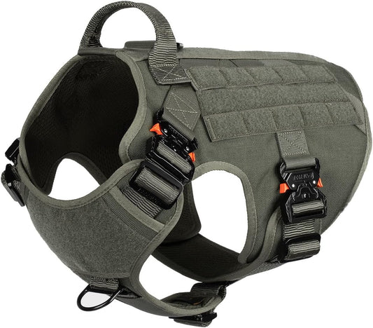 Tactical Dog Harness for Large Breeds - MOLLE K9 Vest with Four Metal Buckles, No-Pull Front Clip, Adjustable Handle, Green (Size L: 28"-35" Chest)