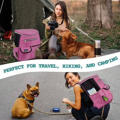 Dog Travel Backpack - Airline Approved Pet Carrier with Diaper Bag Supplies, Camping and Hiking Accessories, Includes Food Container and Collapsible Bowls, Pink