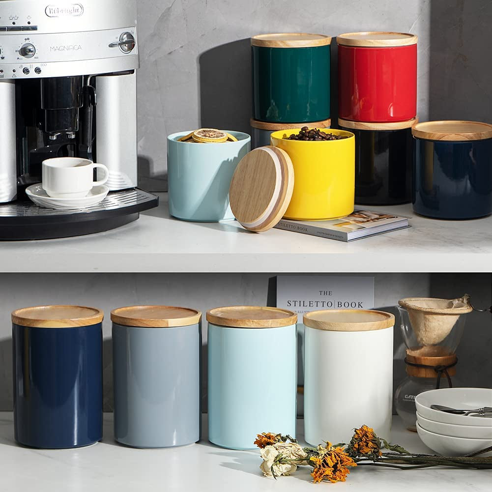 Ceramic Kitchen Canisters for Food Storage - Stackable Airtight Containers with Wooden Lids for Coffee Beans, Flour, Tea, Cookies, and More - 58 Fl Oz (Navy)
