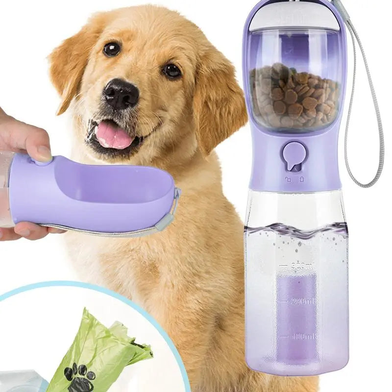 Portable Dog Water Bottle with 3-in-1 Travel Bowl Dispenser, Food Treat Container, and Poop Bag Holder - Ideal for Outdoor Activities with Large Dogs, 20 Oz, Blue