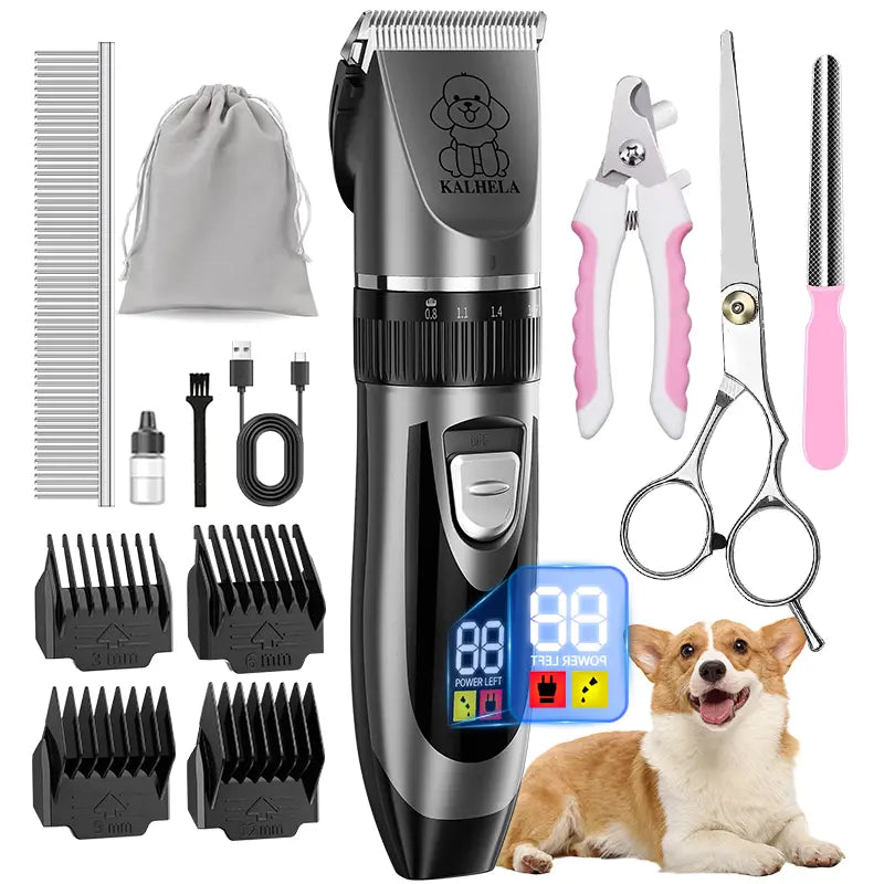 KALHELA Professional Dog Clippers with Low Noise Technology and LCD Digital Display - Rechargeable Cordless Grooming Kit for Small and Large Dogs and Cats