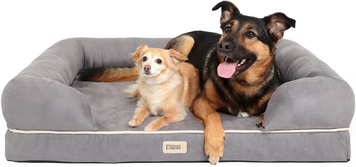 Chester Extra Large Orthopedic Memory Foam Dog Bed with Calming Couch Design, Wall Rim Pillow, Water-Resistant Liner, Washable Cover, and Non-Slip Bottom in Grey