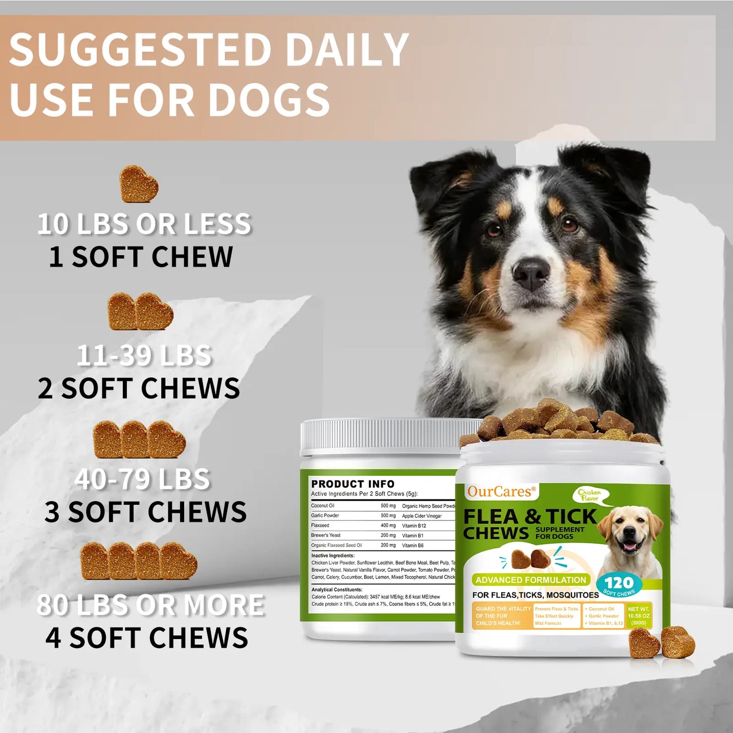 OURCARES Natural Chicken Flavor Bites Prevention Chews for Dogs - 120 Count, Plant-Based with Probiotics, Coconut Oil, and Flaxseed for All Breeds - New and Old Packaging, Random Delivery