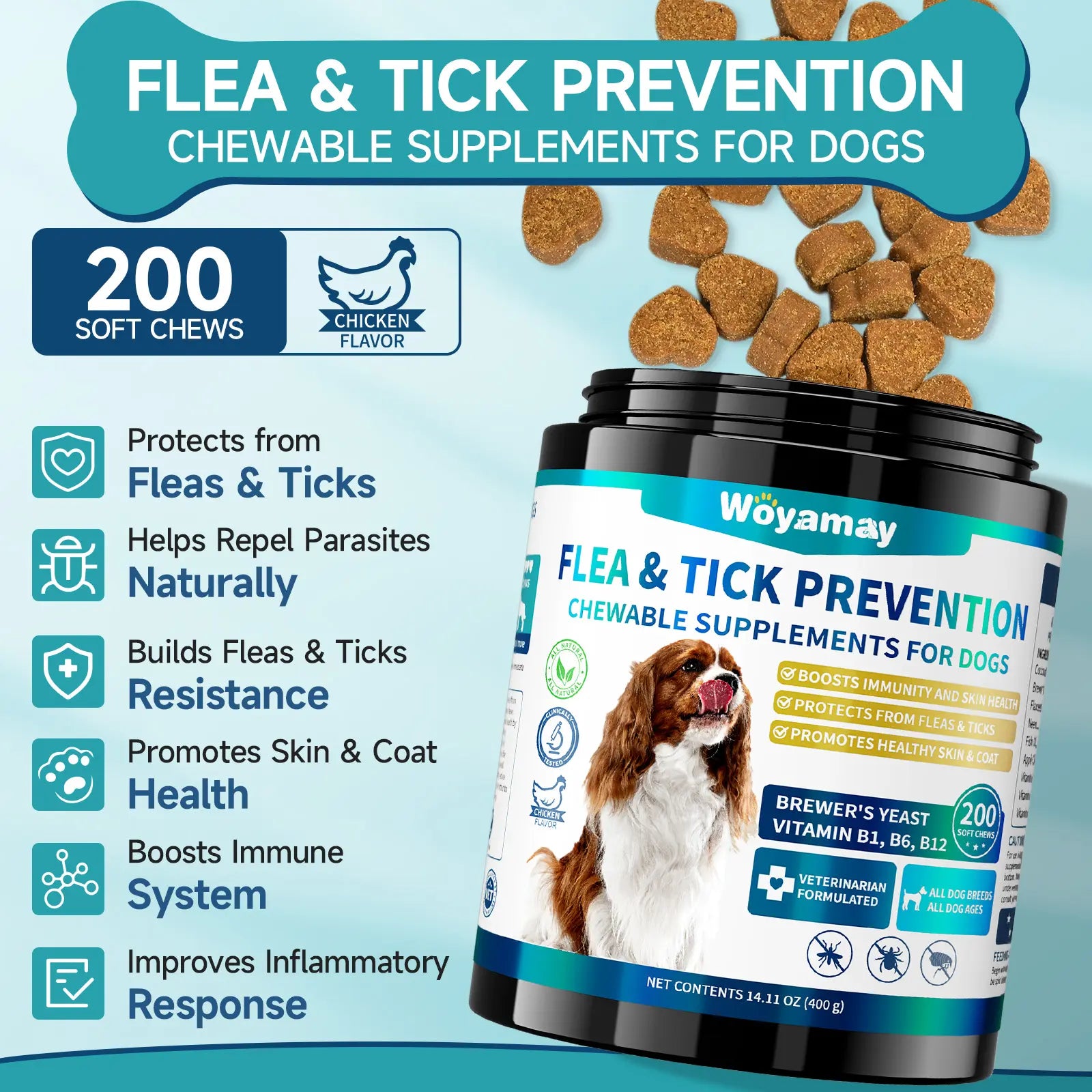 Woyamay Dog Flea and Tick Chews - 200 Count Omega-3 Enriched Natural Supplement for Daily Flea and Tick Support in Puppies of All Breeds and Sizes, Chicken Flavor