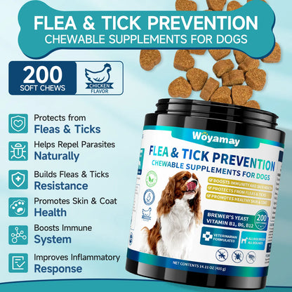 Woyamay Dog Flea and Tick Chews - 200 Count Omega-3 Enriched Natural Supplement for Daily Flea and Tick Support in Puppies of All Breeds and Sizes, Chicken Flavor