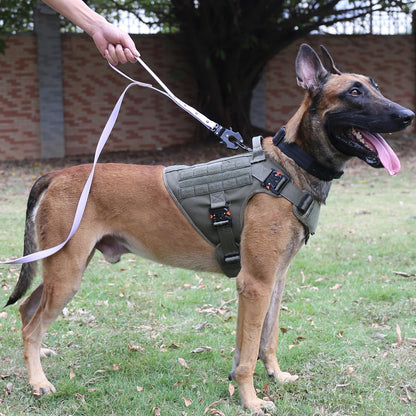 Tactical Dog Harness for Large Breeds - MOLLE K9 Vest with Four Metal Buckles, No-Pull Front Clip, Adjustable Handle, Green (Size L: 28"-35" Chest)
