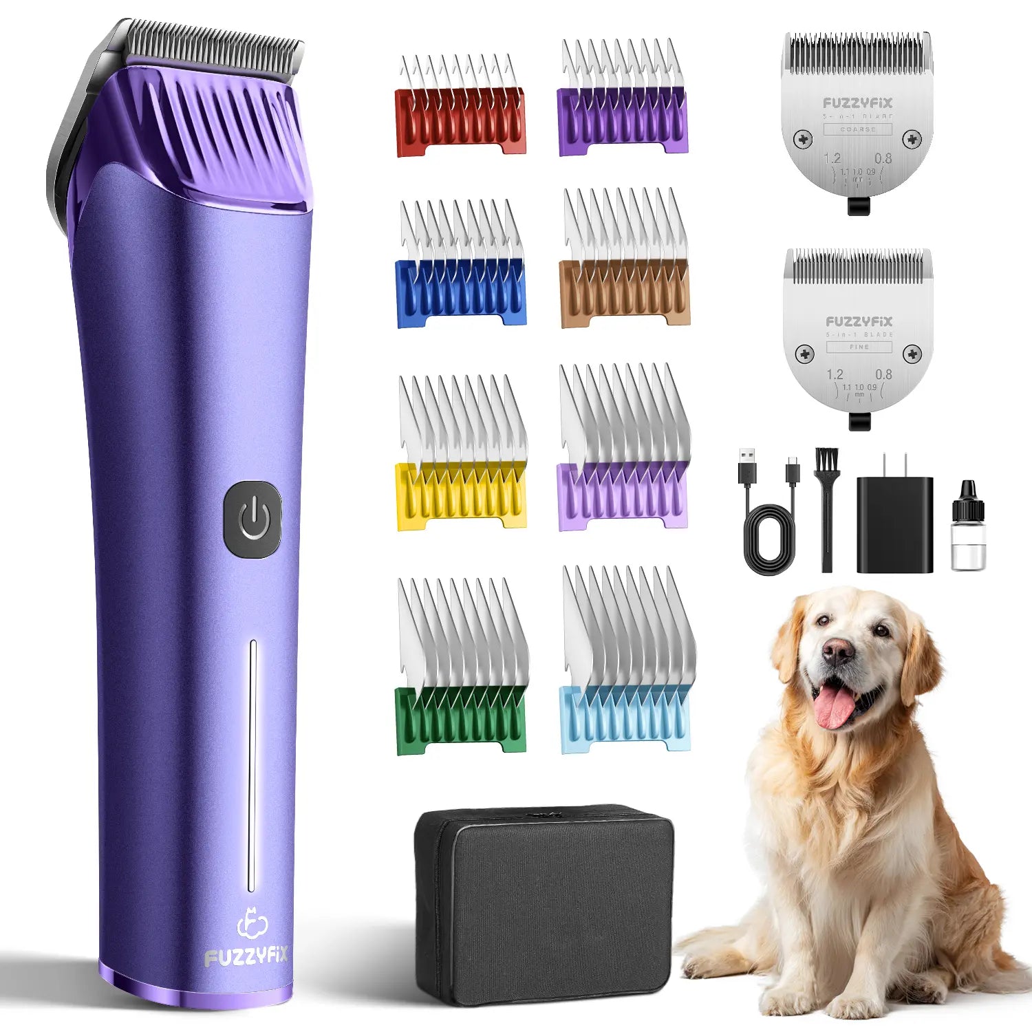 Nova Fuzzyfix Professional Dog Grooming Clipper with Replacement Blade - 5-in-1 Adjustable Cordless Pet Grooming Kit, 2-Speed Rechargeable Trimmer with Detachable Metal Guide Combs for Dogs and Horses