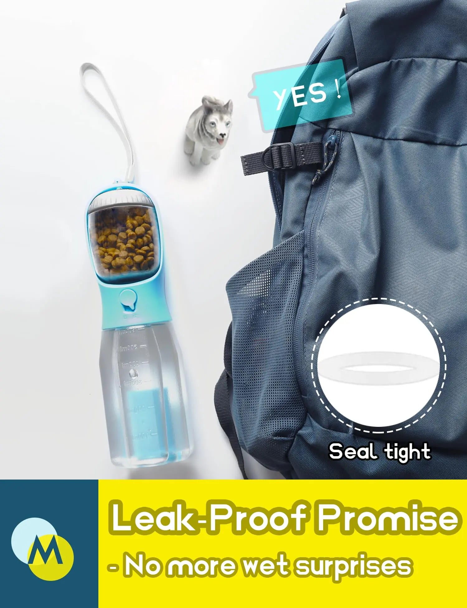 Portable Dog Water Bottle with 3-in-1 Travel Bowl Dispenser, Food Treat Container, and Poop Bag Holder - Ideal for Outdoor Activities with Large Dogs, 20 Oz, Blue