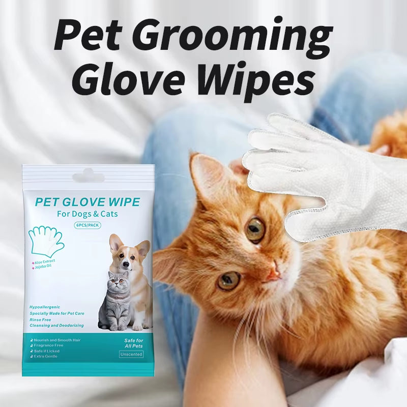 6-Piece Pet Cleaning Gloves with Deodorizing Wipes for Cats and Dogs - Gentle Wash-Free Solution