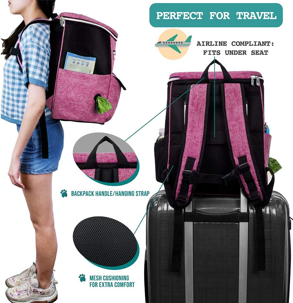 Dog Travel Backpack - Airline Approved Pet Carrier with Diaper Bag Supplies, Camping and Hiking Accessories, Includes Food Container and Collapsible Bowls, Pink