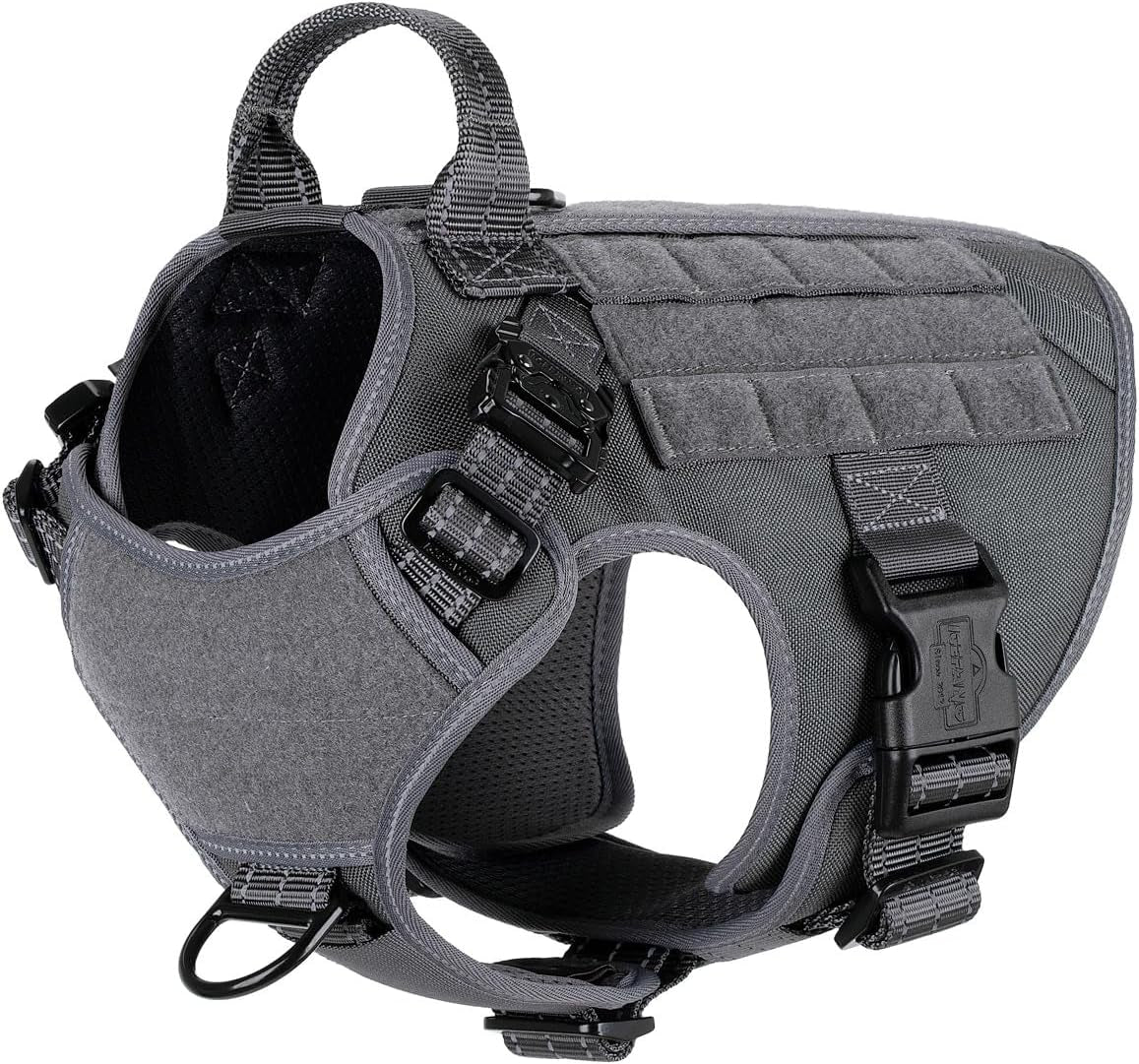 Medium Tactical Dog Harness with Dual Metal Buckles, MOLLE Vest for Working Dogs, No-Pull Front Leash Clip, and Hook and Loop Panel - Grey (Size M, Pack of 1)