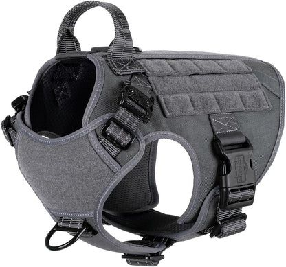Medium Tactical Dog Harness with Dual Metal Buckles, MOLLE Vest for Working Dogs, No-Pull Front Leash Clip, and Hook and Loop Panel - Grey (Size M, Pack of 1)