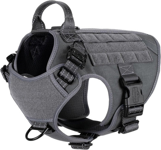 Medium Tactical Dog Harness with Dual Metal Buckles, MOLLE Vest for Working Dogs, No-Pull Front Leash Clip, and Hook and Loop Panel - Grey (Size M, Pack of 1)