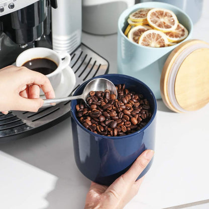 Ceramic Kitchen Canisters for Food Storage - Stackable Airtight Containers with Wooden Lids for Coffee Beans, Flour, Tea, Cookies, and More - 58 Fl Oz (Navy)