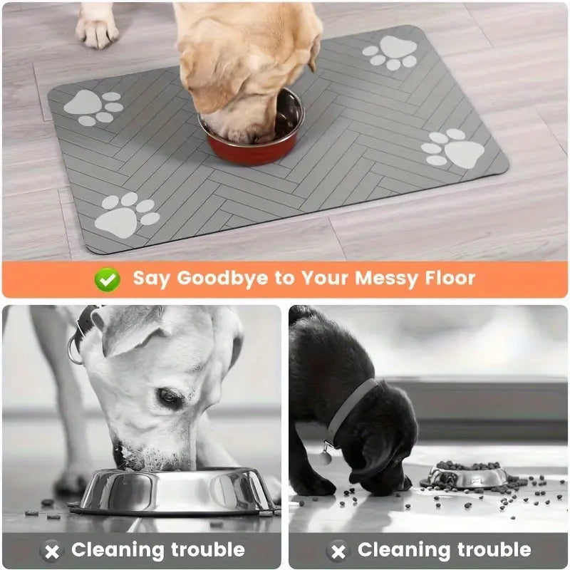 Quick-Drying Absorbent Pet Feeding Mat for Dogs and Cats with Non-Slip Rubber Base and Dark Polyester Surface for Indoor Use