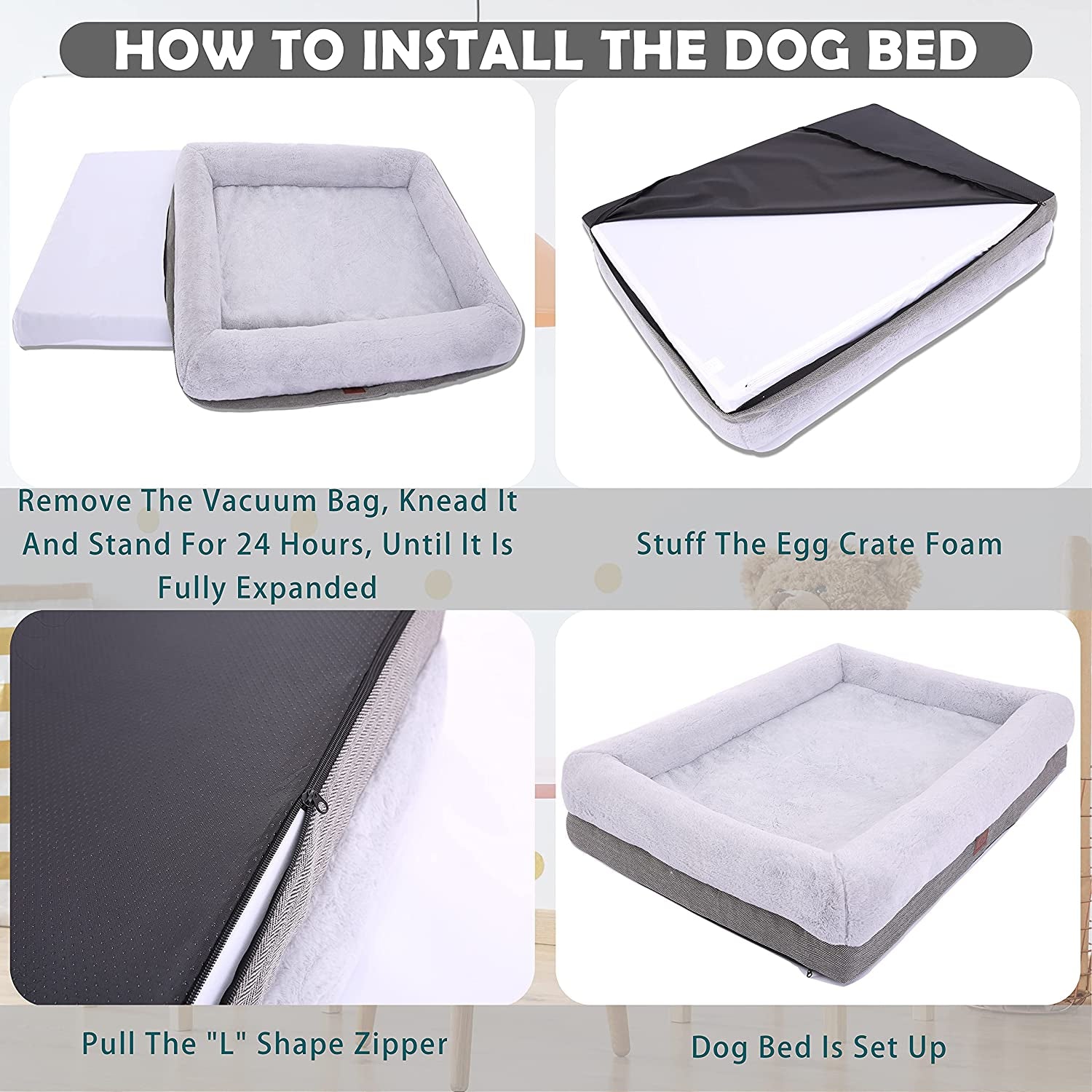 Extra Large Orthopedic Dog Bed with Bolster Sides, Removable and Washable Cover, Non-Slip Base, and Egg Foam Cushion, 46 x 30 Inches, Gray