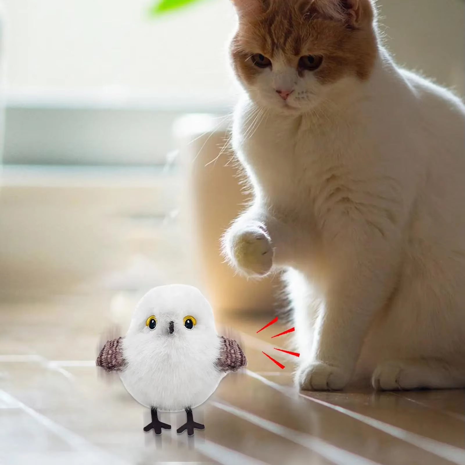 USB Rechargeable Interactive Plush Cat Toy with Flapping and Chirping Functions for Indoor Use
