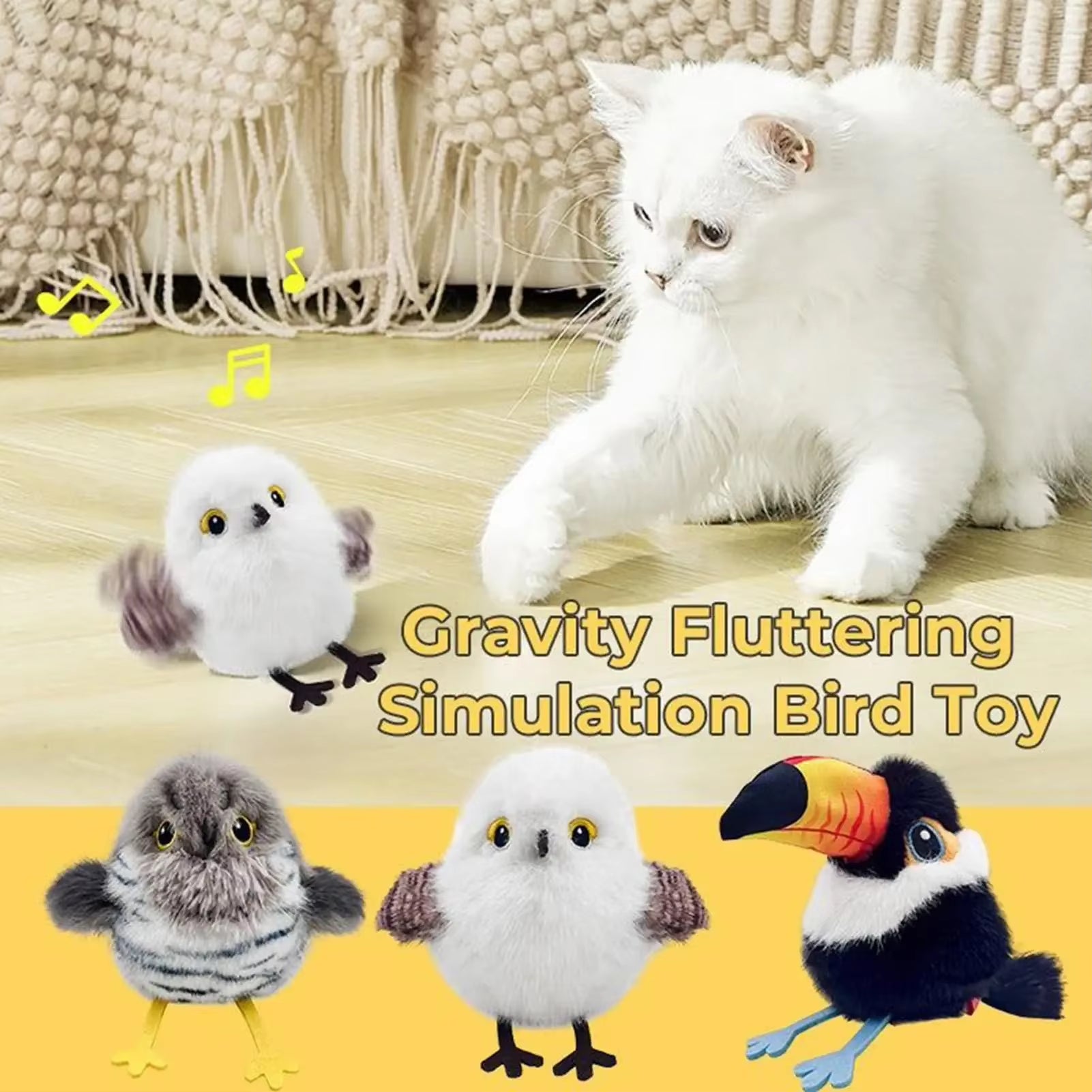USB Rechargeable Interactive Plush Cat Toy with Flapping and Chirping Functions for Indoor Use