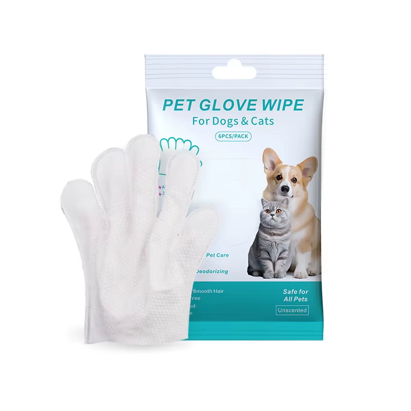 6-Piece Pet Cleaning Gloves with Deodorizing Wipes for Cats and Dogs - Gentle Wash-Free Solution
