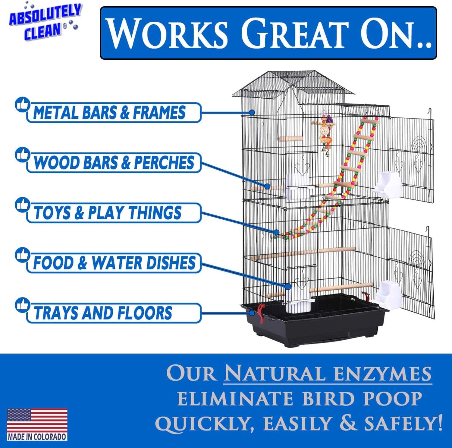 Premium Bird Cage Cleaner and Deodorizer - Effortless Spray and Wipe Application - Effectively Eliminates Bird Waste - Made in the USA - Fragrance-Free Formula (4X Concentrate - 16oz Yields 64oz)