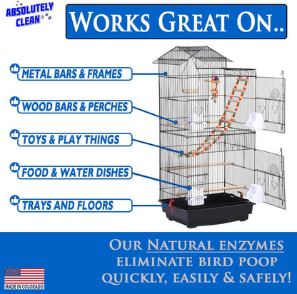 Premium Bird Cage Cleaner and Deodorizer - Effortless Spray and Wipe Application - Effectively Eliminates Bird Waste - Made in the USA - Fragrance-Free Formula (4X Concentrate - 16oz Yields 64oz)