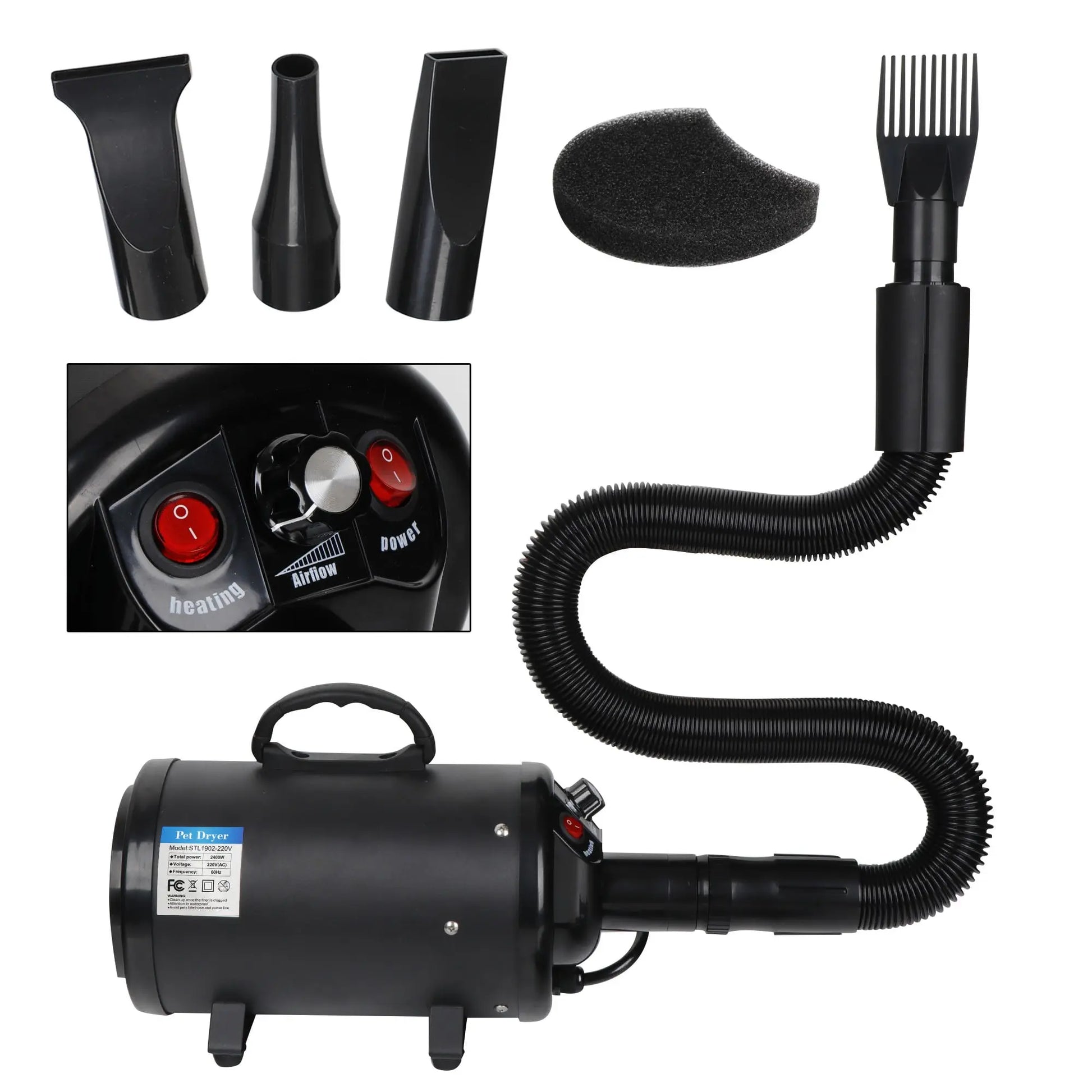 Professional Pet Grooming Hair Dryer - 2400W Portable Quick-Drying Variable-Speed Tool with 4 Adjustable Nozzles for Dogs, NOVA Model