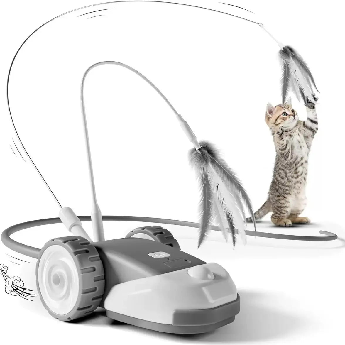 3-in-1 Interactive Cat Toy with Automatic Moving Mouse, Two-Speed Settings, Hanging Feather Ribbons, and Wiggly Silicone Tail for Indoor Cats and Kittens