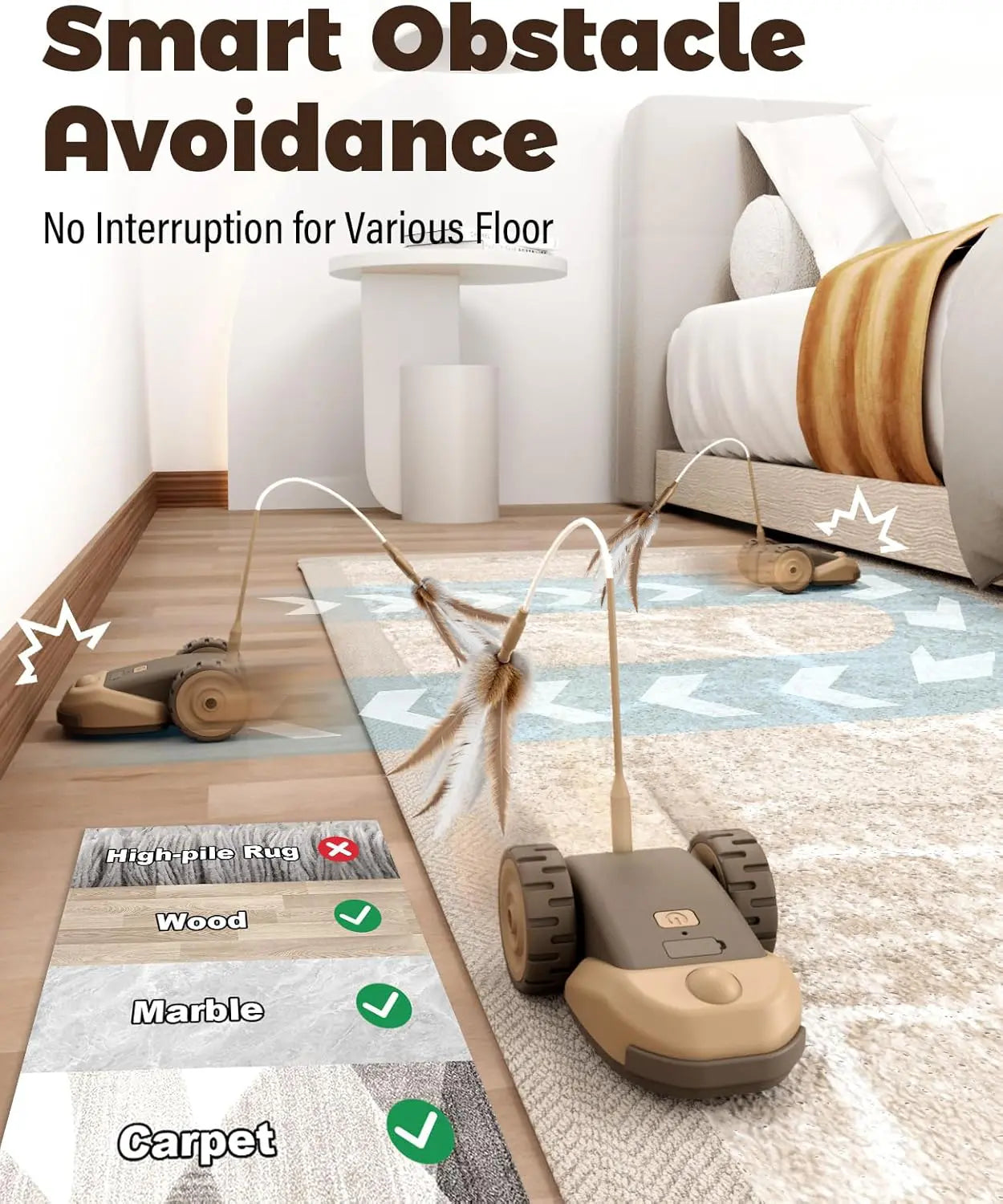 3-in-1 Interactive Cat Toy with Automatic Moving Mouse, Two-Speed Settings, Hanging Feather Ribbons, and Wiggly Silicone Tail for Indoor Cats and Kittens