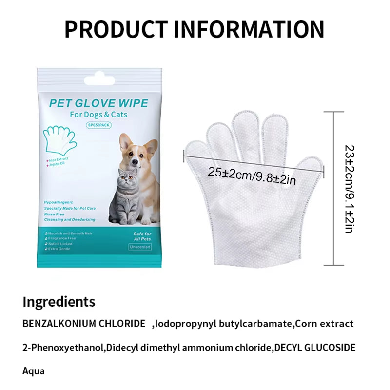 6-Piece Pet Cleaning Gloves with Deodorizing Wipes for Cats and Dogs - Gentle Wash-Free Solution