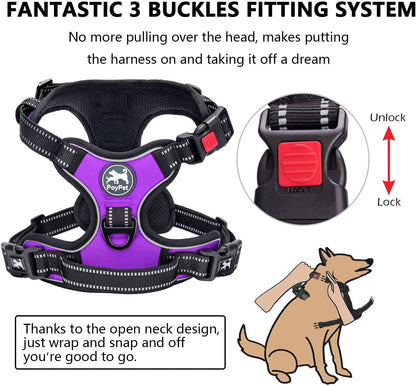 Adjustable No-Pull Dog Harness with Front Clip and Reflective Design, Soft Padded Vest with Control Handle for Small to Large Dogs (Purple, Medium)