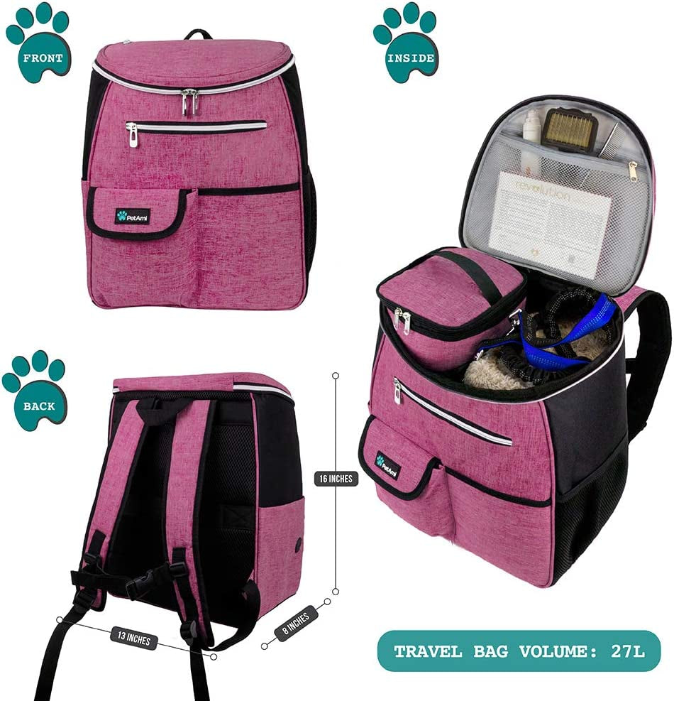 Dog Travel Backpack - Airline Approved Pet Carrier with Diaper Bag Supplies, Camping and Hiking Accessories, Includes Food Container and Collapsible Bowls, Pink